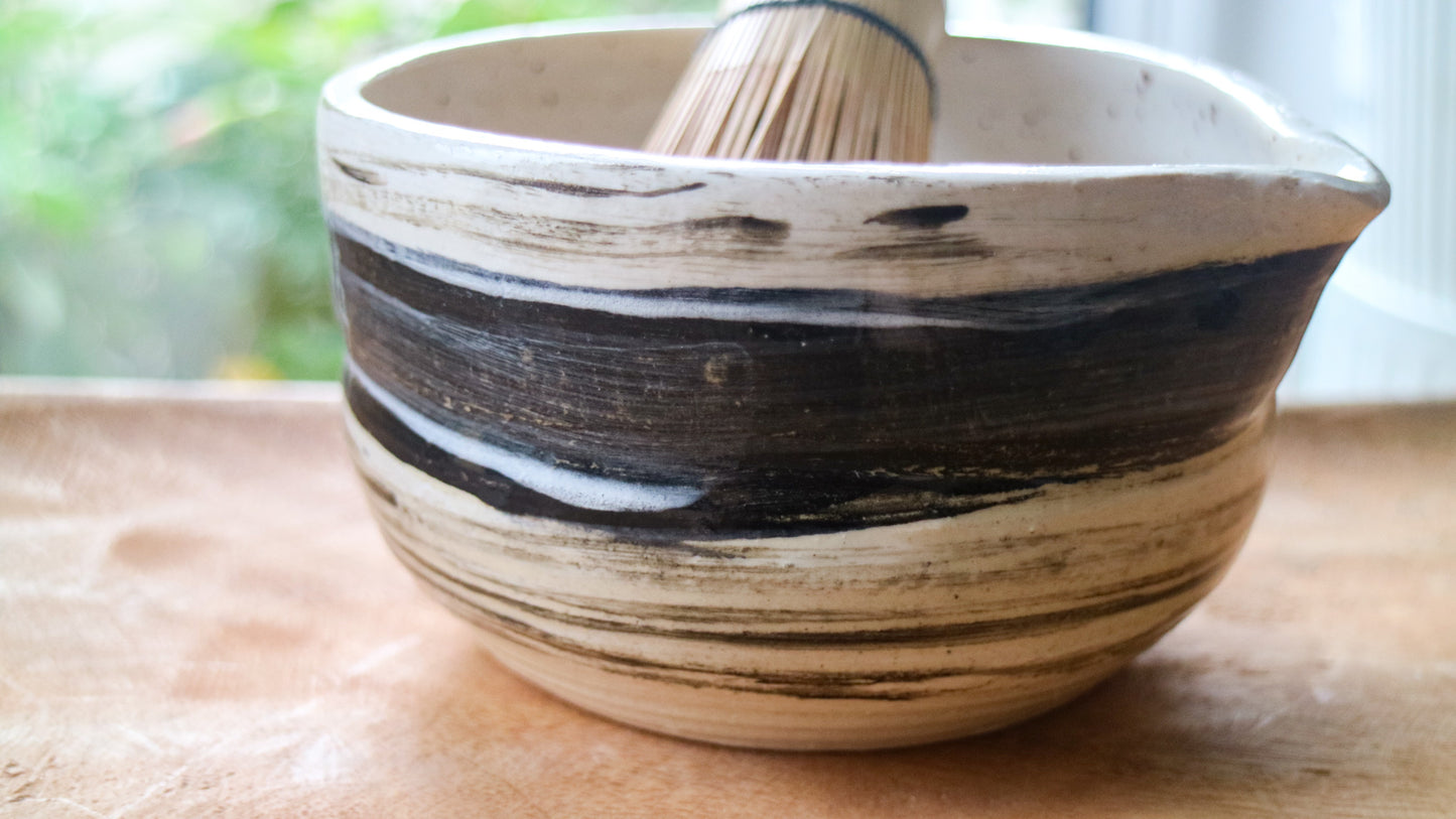 Black and White Stripes- Handmade Matcha Bowls