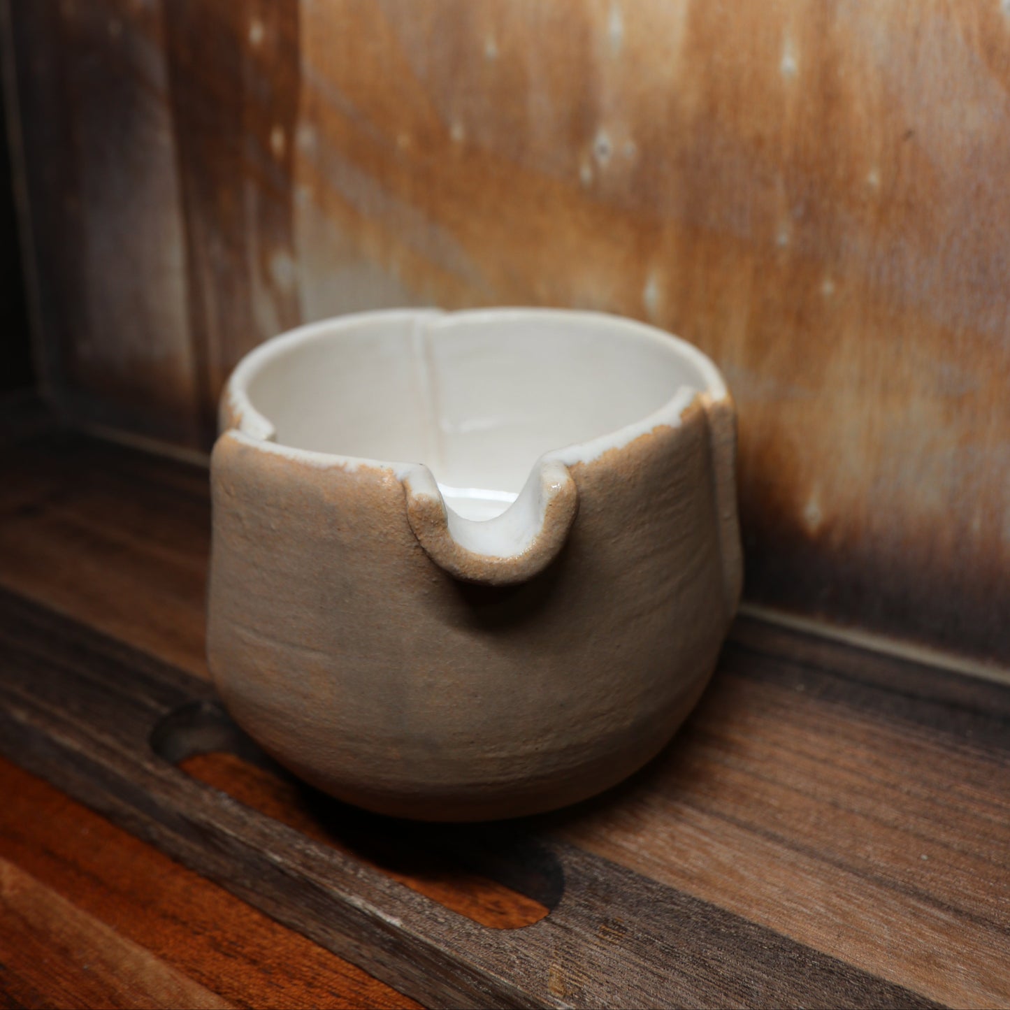 Folded Beige Handmade Matcha Bowl | Ceramic Chawan