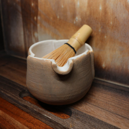 Folded Beige Handmade Matcha Bowl | Ceramic Chawan