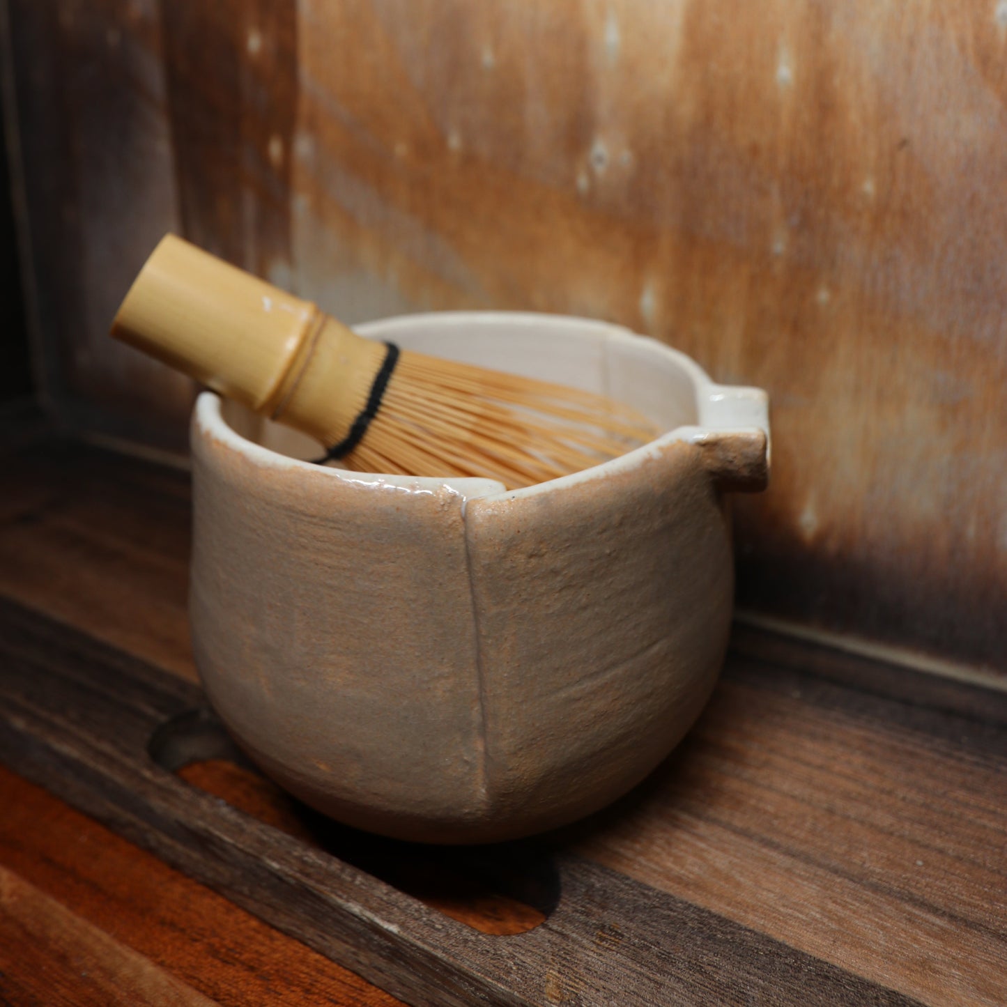 Folded Beige Handmade Matcha Bowl | Ceramic Chawan