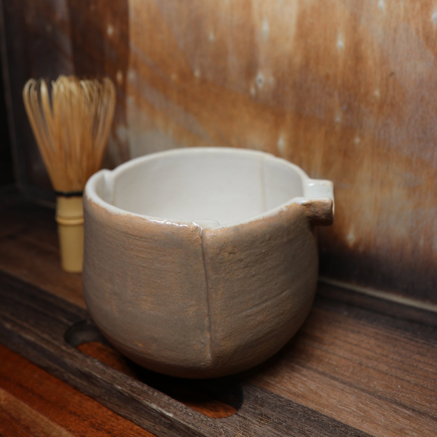 Folded Beige Handmade Matcha Bowl | Ceramic Chawan