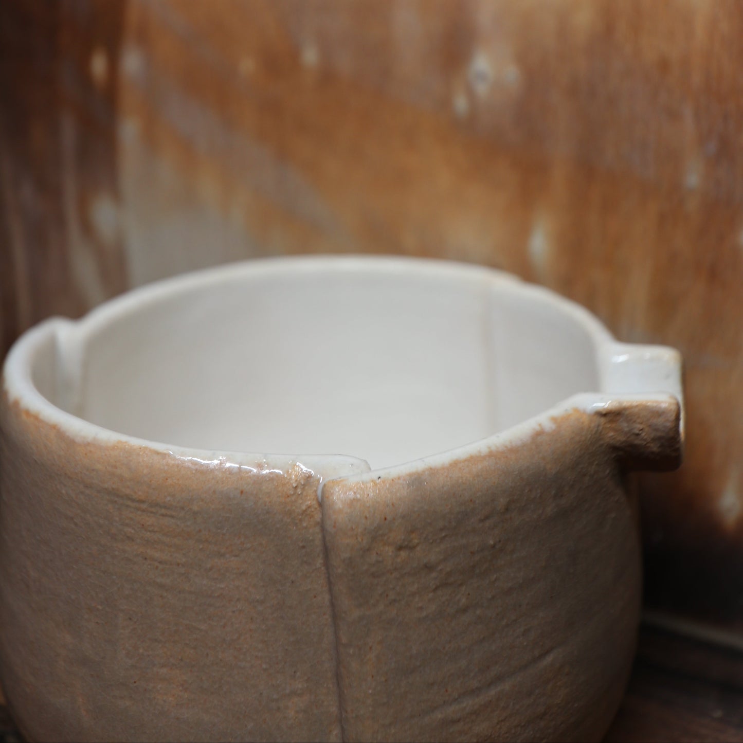 Folded Beige Handmade Matcha Bowl | Ceramic Chawan