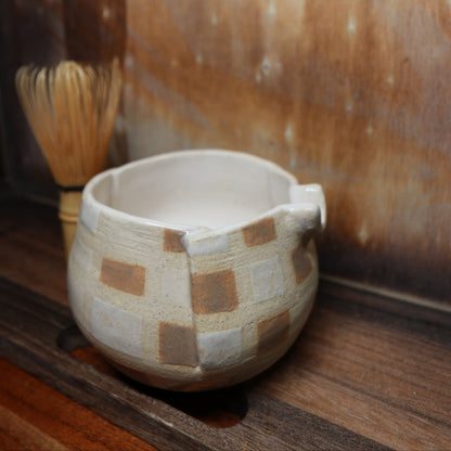 Neutral Tone Patchwork Handmade Matcha Bowl | Ceramic Chawan