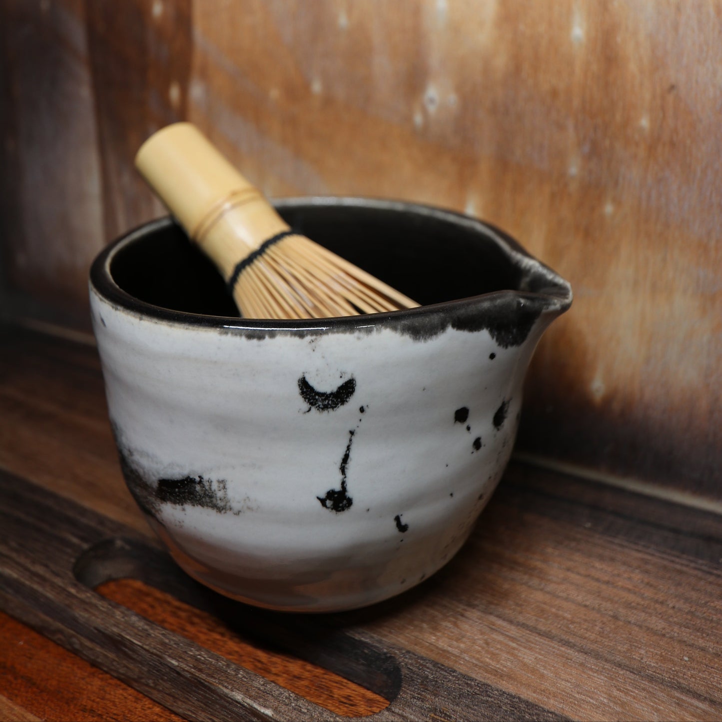 Black Brush Strokes Handmade Matcha Bowl | Ceramic Chawan (Type 2)