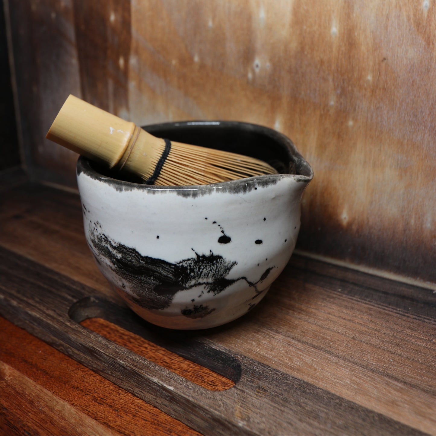 Black Brush Strokes Handmade Matcha Bowl | Ceramic Chawan (Type 1)